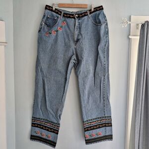 Vintage 90s Y2K High Rise Jeans Light Wash Embellished Embroidered Floral 22W